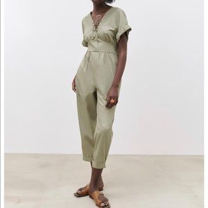 Zara Long poplin jumpsuit olive khaki M NWT